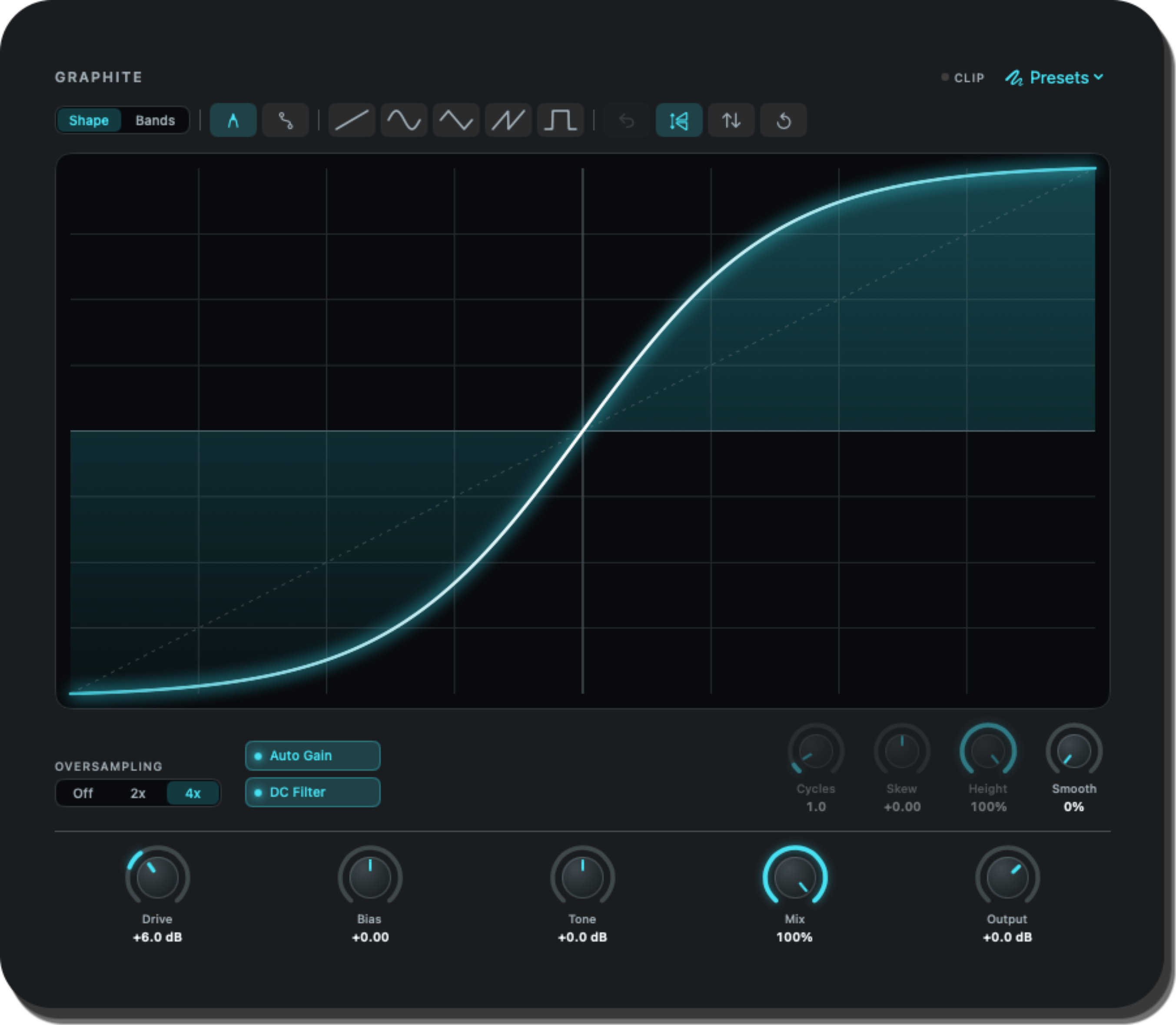 Graphite multiband waveshaper plugin interface with a drawable distortion curve